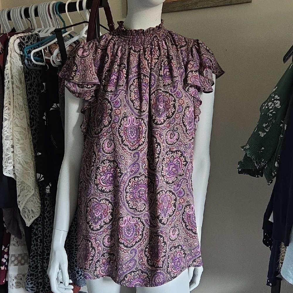 Ricki's Purple and Black Ruched Neck Smocked Cap Sleeve Lined Blouse